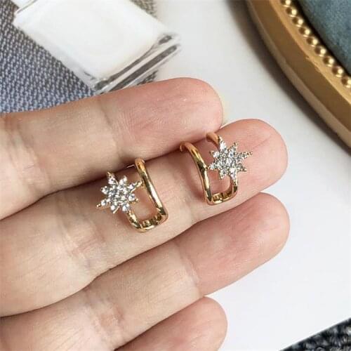 Korean Crystal Star U Clip Earrings Gold Fake Piercing Clip on Earrings Vintage Ear Cuff Earrings for Women Girls Party Jewelry