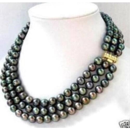 Fashion jewelry 3 row 7-8MM Black akoya Pearl Necklace 17-19" Noble style Natural Fine jewe FREE SHIPPING