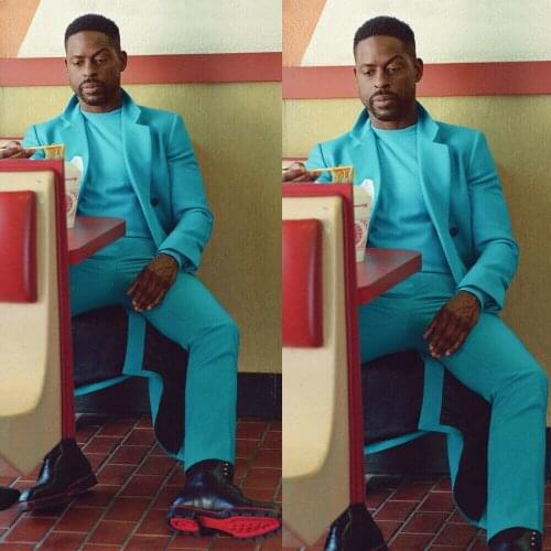 Beach Blue Mens Suits One Button Peaked Lapel Groom Wear Wedding Tuxedos Formal Prom Cocktail Best Man Blazer Suit (Jacket+Pants