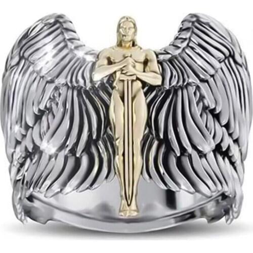 Punk Mens Ring Retro Angel Wings Cross Signet Rings For Men Vintage Goddess Of Justice Anillos Viking Jewelry Gift