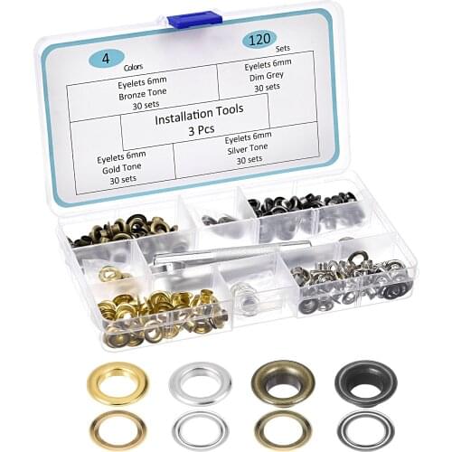 Uxcell Grommet Tool Kit 120 Sets Copper Grommets Eyelets with 3 Pcs Install Tool, 4 Colors 6mm Inside Dia