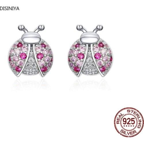 Pink Romantic Laybug Stud Earrings for Women 925 Sterling Silver Tiny Earrings for Girl Gfits Original Design SCE715