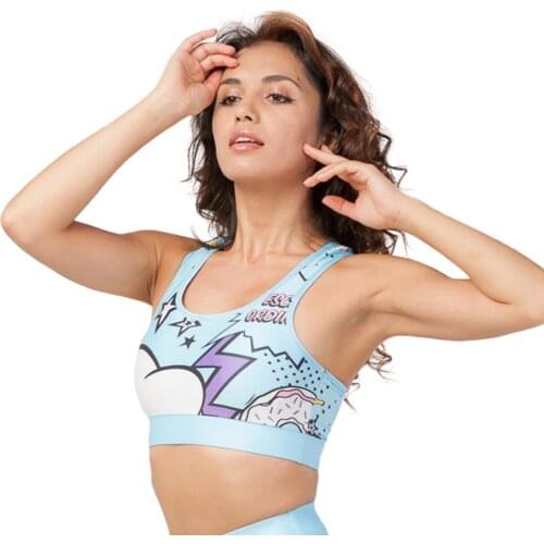 GYMQUASAR Cartoon Pattern Push Up Gym Fitness Bras Crop Top Women Plain Soft Breathable Nylon High Waist Yoga Workout Sports Bra