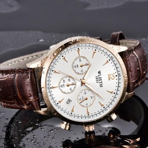 WLISTH Original Watch Men Top Brand Luxury Chronograph Quartz Calendar Watches Waterproof Luminous Leather Wristwatch Men Clock