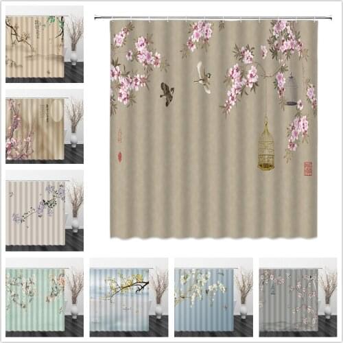 Landscape Shower Curtains Chinese style Pink Flower Yellow Ginkgo Leaf Bathroom Home Decor Waterproof Polyester Cloth Curtain