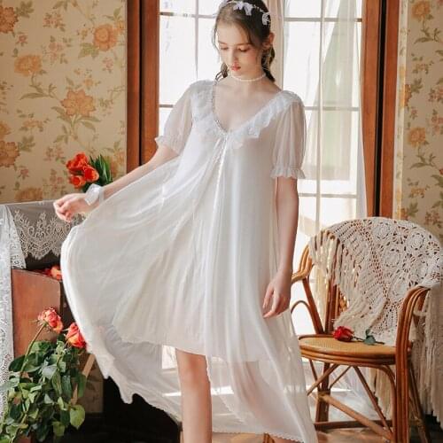 Sweet Lace Bow Trim Long Nightgown Womens Sexy V-Neck Nightdress Summer New Short Sleeve Sleepwear Irregular Mesh Home Dress