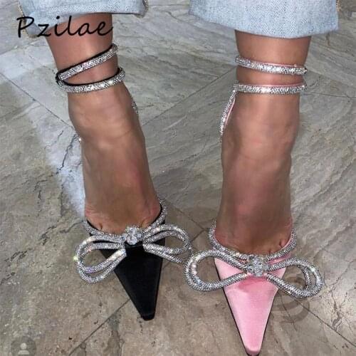 Pzilae 2020 fashion women summer pumps elegant ladies satin bling wedding party shoes ankle strap pointed toe high heels pumps