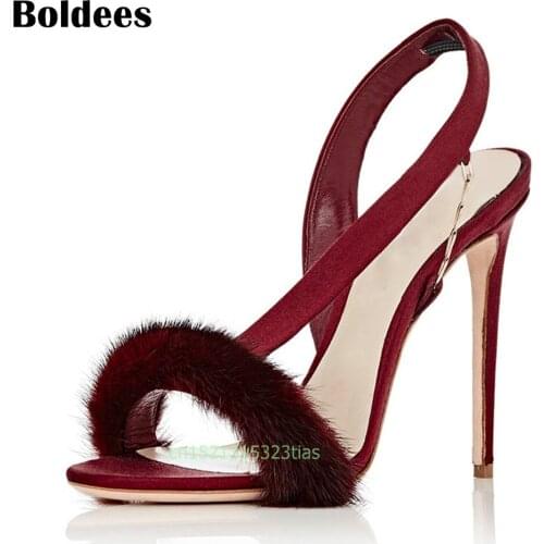 Boldees 2018 New Women 10cm/3.94inch Fashion Real Fur Ankle Strapy High Heel Sandals Women Shoes Summer Shoes Fur Sandals 43