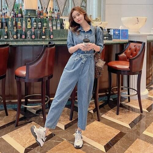 2021 Summer Denim Jumpsuit for Women Slim Casual Vintage Elegant Short Sleeve Lapel One Piece Straight Jeans Set Overalls Romper