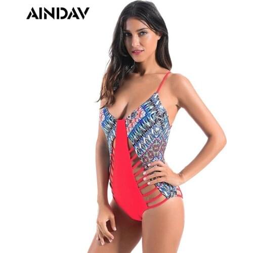 AINDAV Women Swimwear Hollow Out One Piece Swimsuit Push Up Sexy Monokini Backless Deep V Neck Print Bathing Suit Red