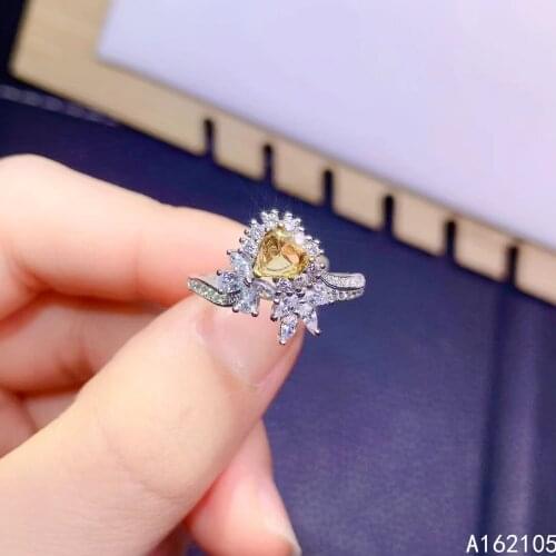 925 Pure Silver Chinese Style Natural Citrine Womens Luxury Fresh Trendy Heart Adjustable Gem Ring Fine Jewelry Support Detecti