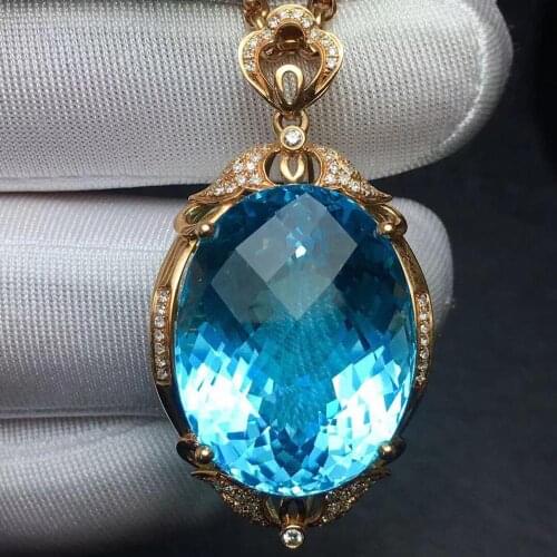Fine Jewelry 100% Real 18K Rose Gold 100% Natural Blue Topaz Gemstone 48.4ct Female Pendant Necklace