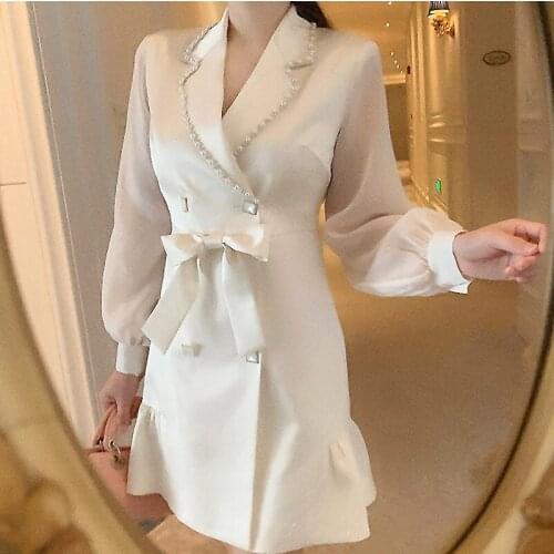 Autumn 2020 womens heavy work pin Pearl White elegant bow slim long sleeve dress suit dress 9291