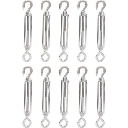 10 Pcs M6 304 Stainless Steel Turnbuckle Screw Hook Adjustable Wire Rope Tension Draw-in Bolt (Hook & Eye)