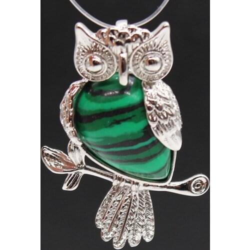 100-Unique Trendy Silver Plated Owl Shape Malachite Stone Pendant Statement Jewelry