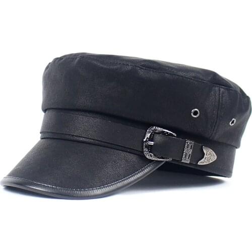 2020 Cotton Belt Buckle Military Hat Autumn Sailor Hat for Women Flat Top Female Travel Cadet Hat Captain Cap Berets 06