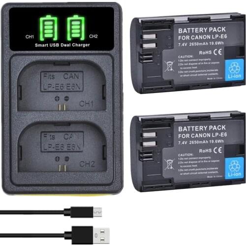 2pc 2650mAh LP-E6 LPE6 lp e6 LP-E6N lpe6n batteries+LCD USB Charger for Canon EOS 5DS 5D Mark II III 6D 7D 60D 70D