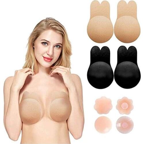 2 Pairs Women Rabbit Strapless Backless Bra + 2 pairs Silicone Nipple Cover Self Adhesive Silicone Invisible Bra