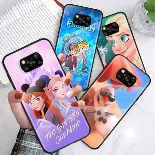 Tempered Glass Shell Luxury Cover Frozen Elsa Anna For Xiaomi Mi POCO F3 F2 X3 NFC X2 M2 Pro Shockproof Phone Case