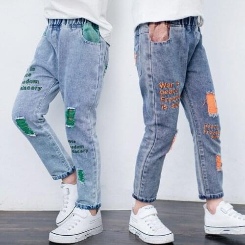 Lovely Girls Autumn Spring Letter Embroidery Denim Pants Kids Jeans Kids Trousers for Teenagers Ripped Jeans 3-12Years Children