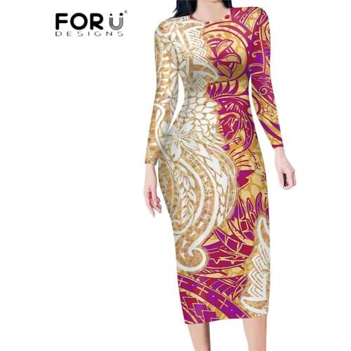 FORUDESIGNS Hot Style Long Sleeves Bodycon Slim Sexy Dress For Women Hawaii Polynesian Tribe Pattern Design Party Soft Vestidos