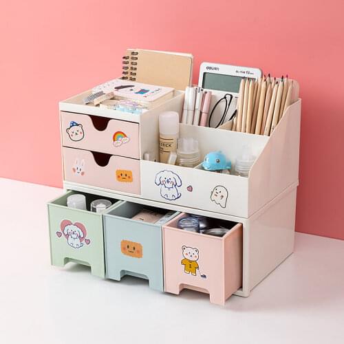Ins Kawaii Deskpot Organizer Makeup Storage Box Container Drawer Cabinet Rack Send Sticker Home Decor 2021 Office Accessories