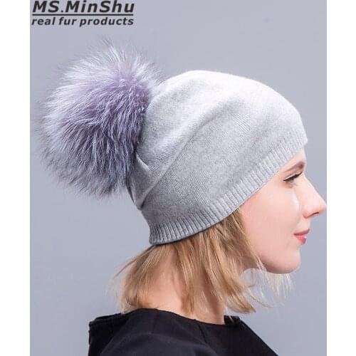 Ms.MinShu Cashmere Beanies with Silver Fox Fur Pompom Beanies Fur Hat Winter Autumn Fur Pompom Hat Fashion Cap