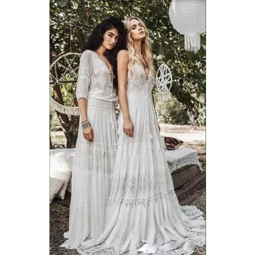 2018 Flowy Chiffon lace Beach Boho Wedding Dresses Modest Inbal Raviv Vintage Crochet Lace V-neck Summer Holiday Country Bridal