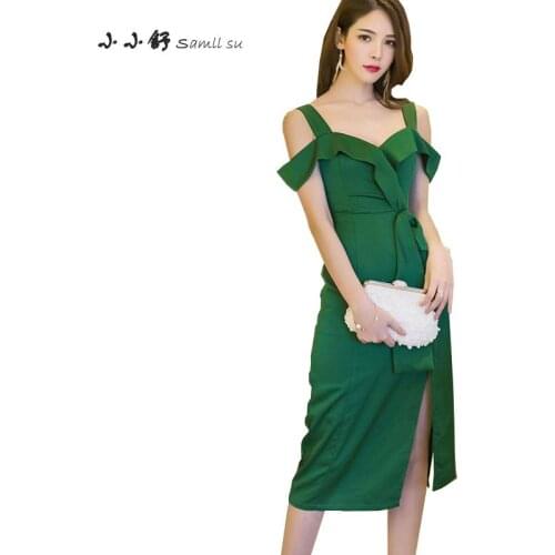 Summer Green Sleeveless Slash Neck Sexy Party Ruffles Spaghetti Strap Pencil Dresses Bandage Bodycon Office Lady Women Sundress