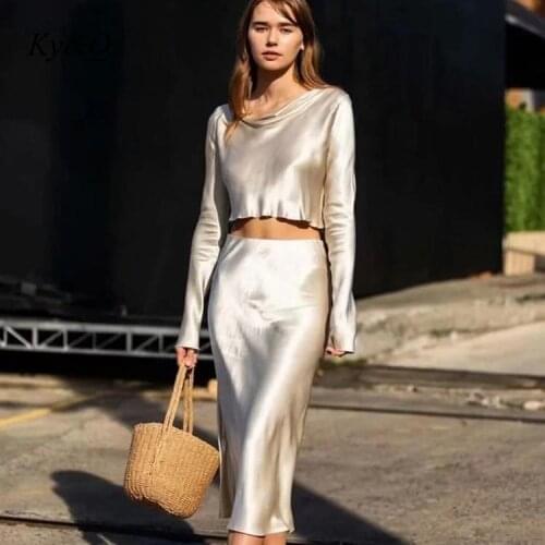 Brand Elegant 2-Piece Set Satin Long Sleeve Short Tops + High Waist Skirt Casual Suit Simple T-Shirt Solid Color Skirts Women