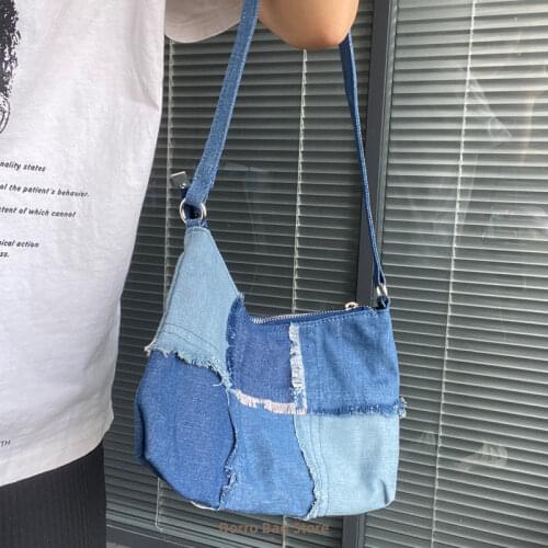 Fashion Design Women Denim Underarm Bag Contrasting Color Ladies Small Shoulder Bags Vintage Female Clutch Purse Tote Handbags