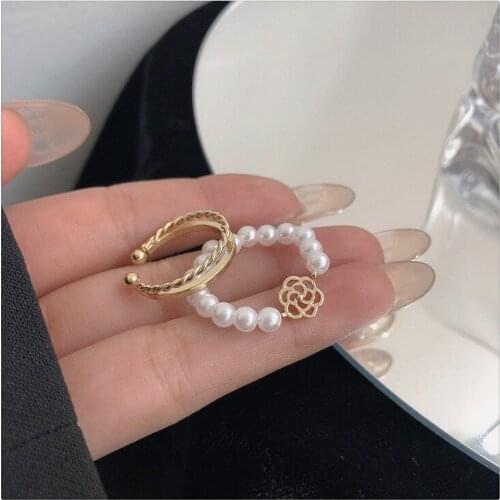 Fashion Simple Pearl Flower Ring Womens Folding Combination Ring Gold Plated Open Index Finger Ring Leisure Party Jewelry