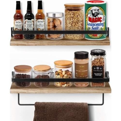 Set of 2 Floating Wall Shelves Paulownia Wood Stainless Steel Bathroom Accessories Organizer Shelf Rustic Kitchen Storage Rack