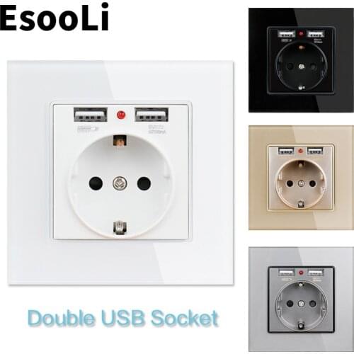 EsooLi USB Wall Socket EU Power Outlet White Crystal Glass Panel Dual USB Charging Port 2.1A 16A Russia Spain