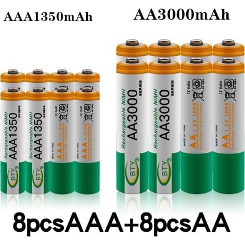 100% New 1.2V AA 3000mAh NI-MH Rechargeable Batteries+AAA battery 1350 mAh Rechageable battery NI-MH 1.2 V AAA battery