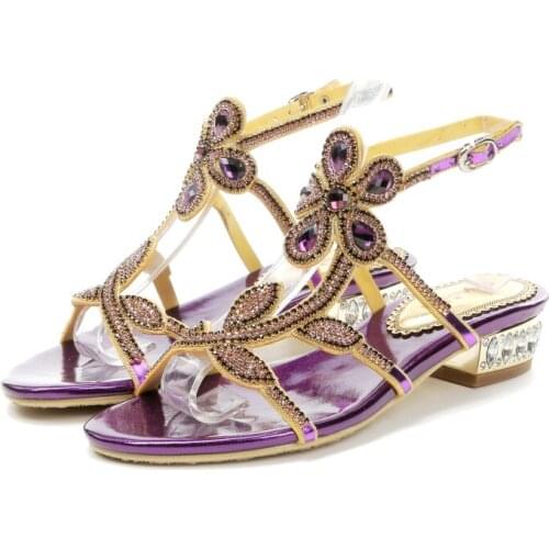 2019 New Cute Girl Flat Shoes Purple Rhinestone Flower Pattern Wild Shoes Flat Sandals Womens Beach Sandals
