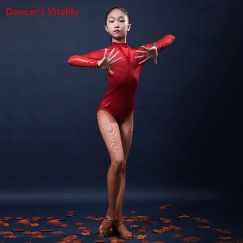Latin Dance Practice Clothes Children Dancing Clothing Long Sleeve Body Suit Girls Performance Competition Jumpsuits