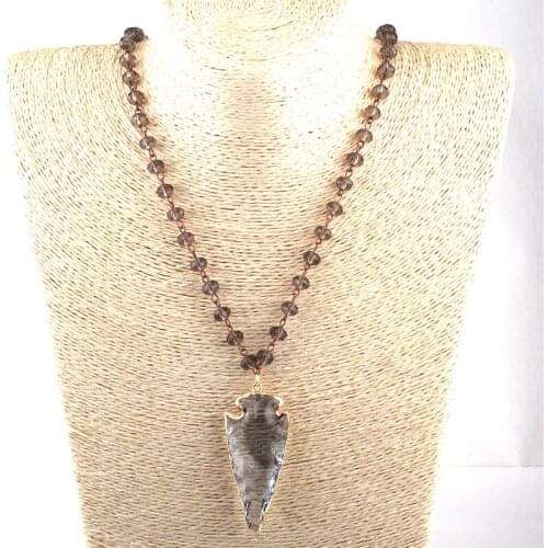 Free Shipping Fashion Bohemian Tribal Jewelry Crystal Glass Rosary Chain Gray Glass Arrowhead Pendant Ethnic Necklace