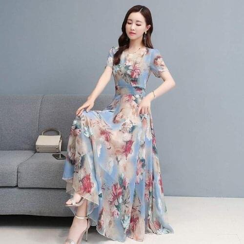 Short Sleeved Floral Dress Summer 2021 New Waist Fashion Show Thin Temperament Long Skirt Female Trend The A-line Skirt