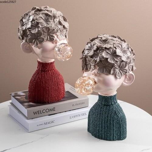 Resin Flower Bubble Boy Bust Sculpture Desktop Decoration Cartoon Cute Character Statue Figurines Crafts Gifts Home Decoration