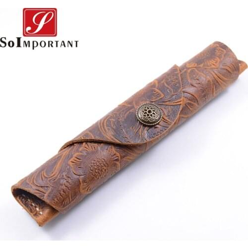 Handmade Put 2 PC Pen Pocket Case Bags DIY Circle Stationery Protecter Genuine Leather Women New Designe Wallets Tool Purse Men