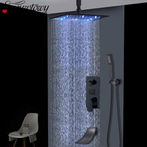 Ceiling Mount LED Rainfall Shower Faucet Rain Shower Set Waterfall Spout Tap Digital Display Mixer Crane Bath Concealed Shower