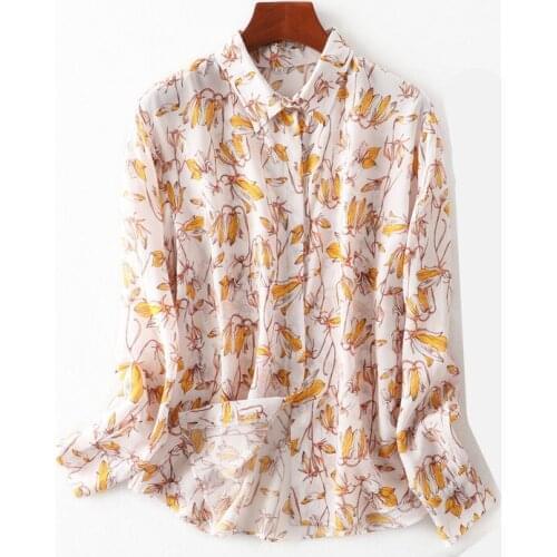 Women Summer 100% Silk Blouse Long sleeve office wear casual natural silk blouses print real silk shirt tops