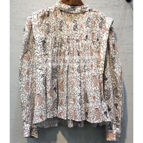 Woman 2021SS New Printing Cotton Blouse Pleated Detail Stand Collar Long Sleeves buttoned