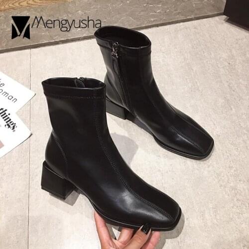 British Zipper riding boots female pu leather shoes winter solid chunky high heels booties square toe mid-calf botas mujer 2020