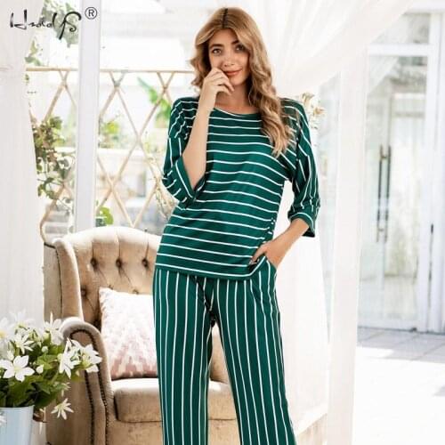 Women Pajamas Sets with Pants round Collar Stripe Pyjamas Cute Cartoon Top+Pants Pijamas lady home clothes