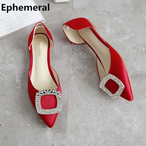 Females Bailarinas Luxury Rhinestone Pointy Toe Flats Silk Satin TPR Sole Soft Black Red Grey Larger Wide Foot Sizes 46 45 34