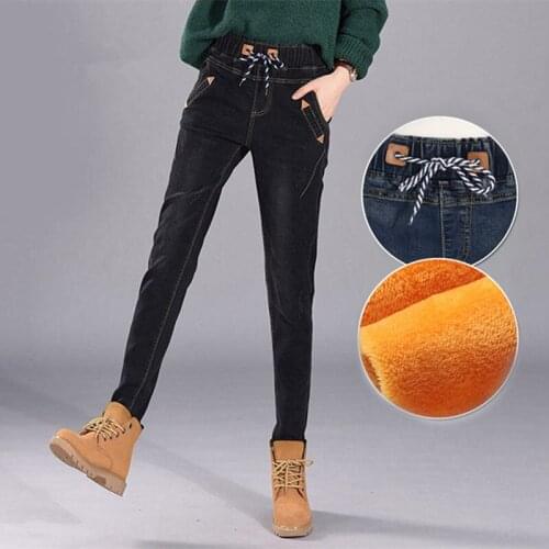 Winter Plus Velvet Elastic Waist Boyfriend Jeans for Women Lace Up Warm Casual Harem Pants Women Long Denim Jeans Femme RE2239