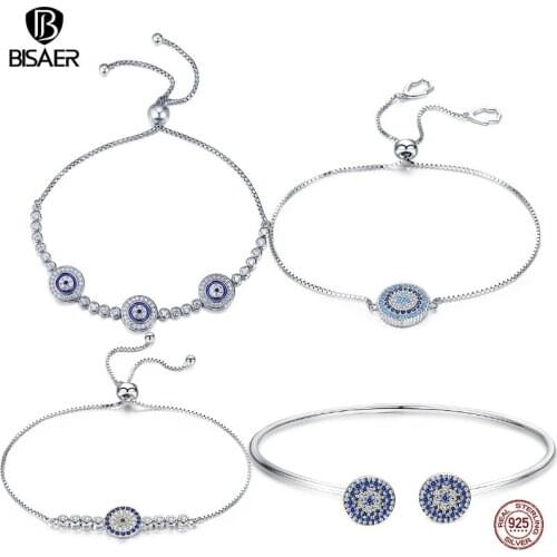 Pulseira BISAER 925 Sterling Silver Lucky Blue Eye Gods Eye Women Tennis Bracelets Femme Fashion Sterling Silver Jewelry ECB002