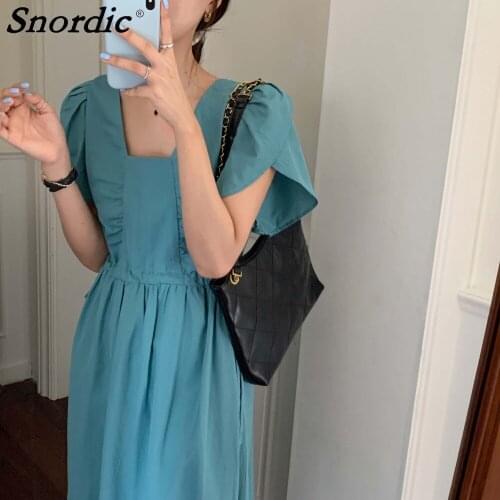 2021 Women Summer Peacock Blue Vintage Long Dress Square Collar Drawstring Waistbelt A-line Midi Sundress